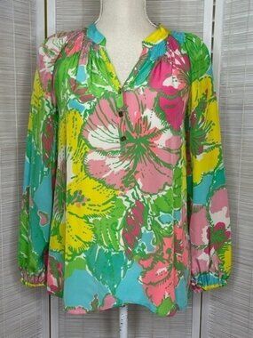 Lilly Pulitzer Silk Floral Balloon Sleeve 1/3 Button Elsa Blouse Green Pink XS
